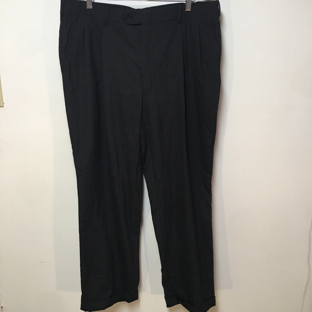 Sterling & Hunt Dress Pants Men 38x29 Black 100% Pure Wool Pleated Cuffed Slacks